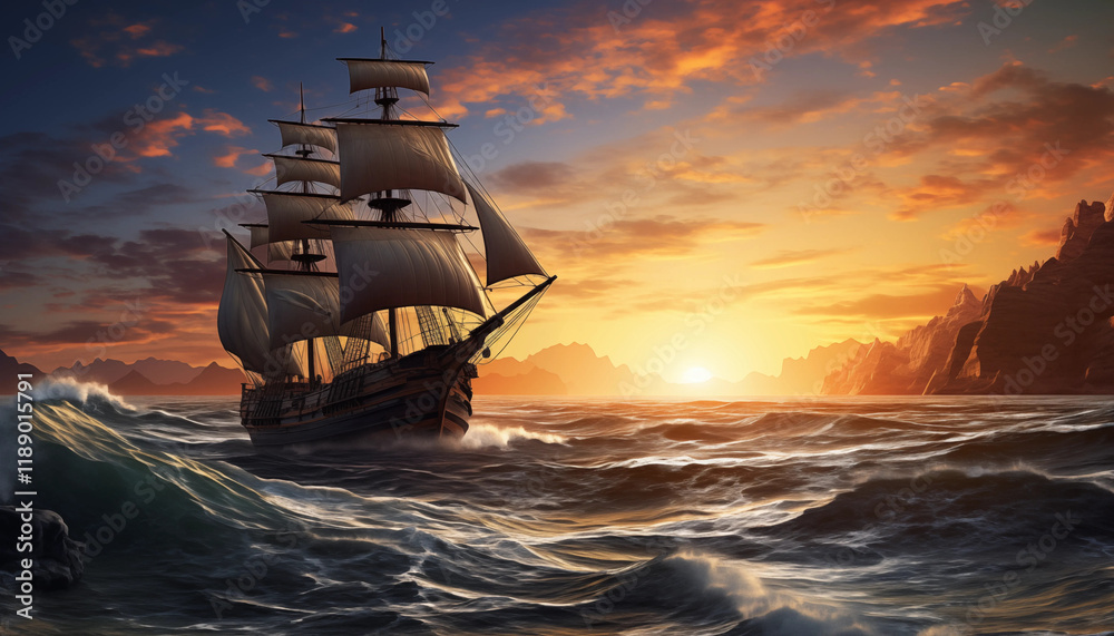 Obraz premium Galleon Sailing at Sunset Ocean Waves Rocky Coastline
