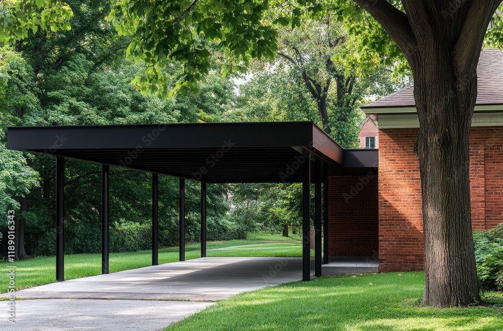 A black steel carport with horizontal beams on top, attached to the brick wall of an old cottage A black steel carport with horizontal beams on top, attached to the brick wall of an old cottage