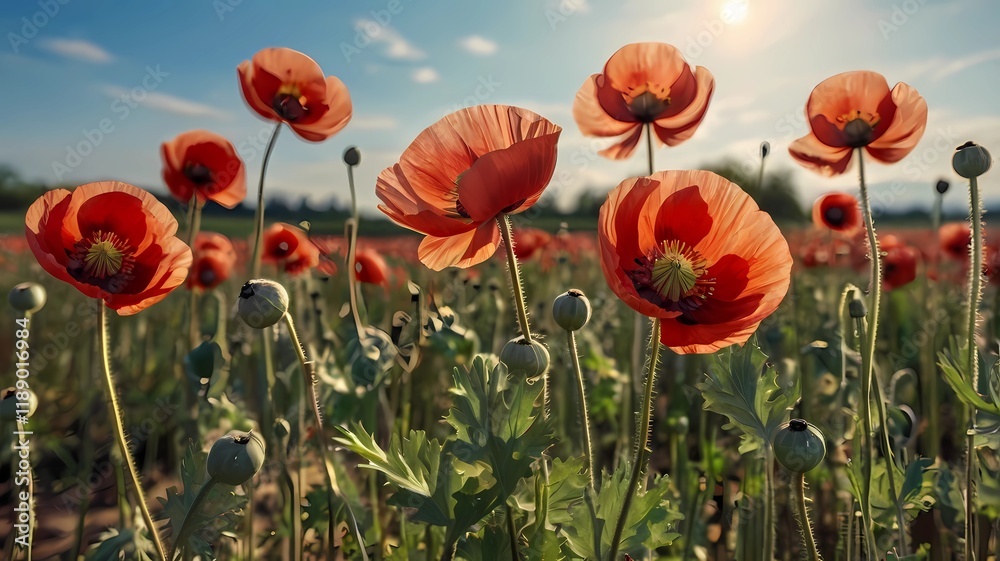Obraz premium Flowering opium poppy Papaver somniferum on a field in spring. Opium poppy, Papaver somniferum is a species of plant. Opium and poppy seeds come from poppies.
