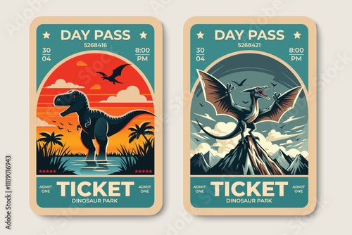 Ticket to children's dinosaur park, exhibition pass, vector illustration
