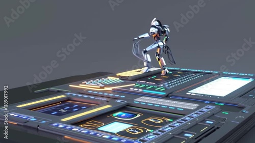 3D-rendered humanoid robot interacting with a digital network interface.