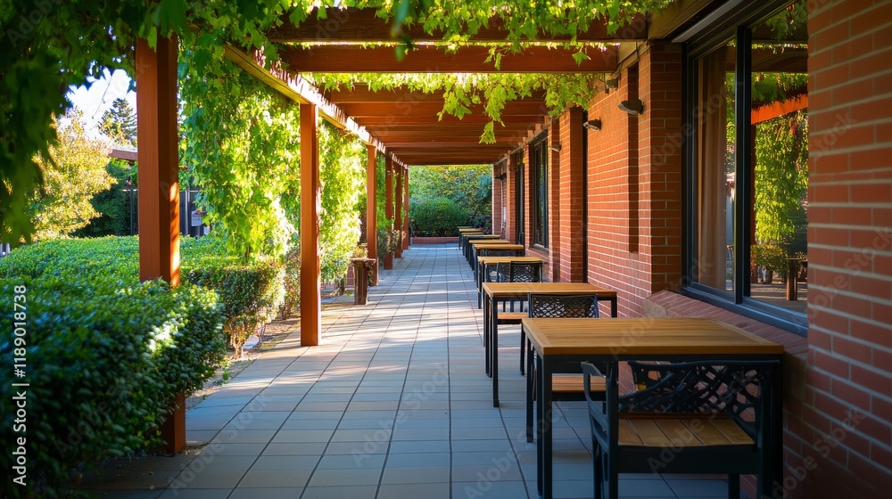 Obraz premium A serene outdoor dining area with tables shaded by lush greenery.