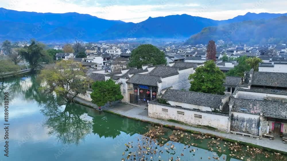 Aerial exploration of Nanhu Academy, ancient architecture by the water in Anhui province Aerial exploration of Nanhu Academy, ancient architecture by the water in Anhui province