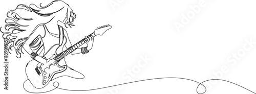 illustration of a girl with playing electric guitar line art