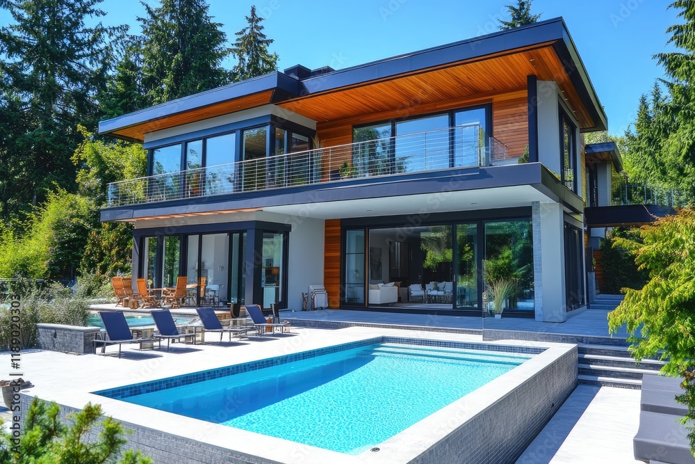 Modern house with a pool and terrace, a black, white, and grey color scheme, exterior view, panoramic windows Modern house with a pool and terrace, a black, white, and grey color scheme, exterior view, panoramic windows
