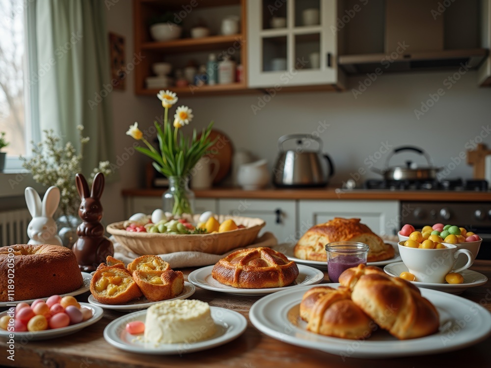 Naklejka premium Festive Easter table with traditional dishes and decorations.