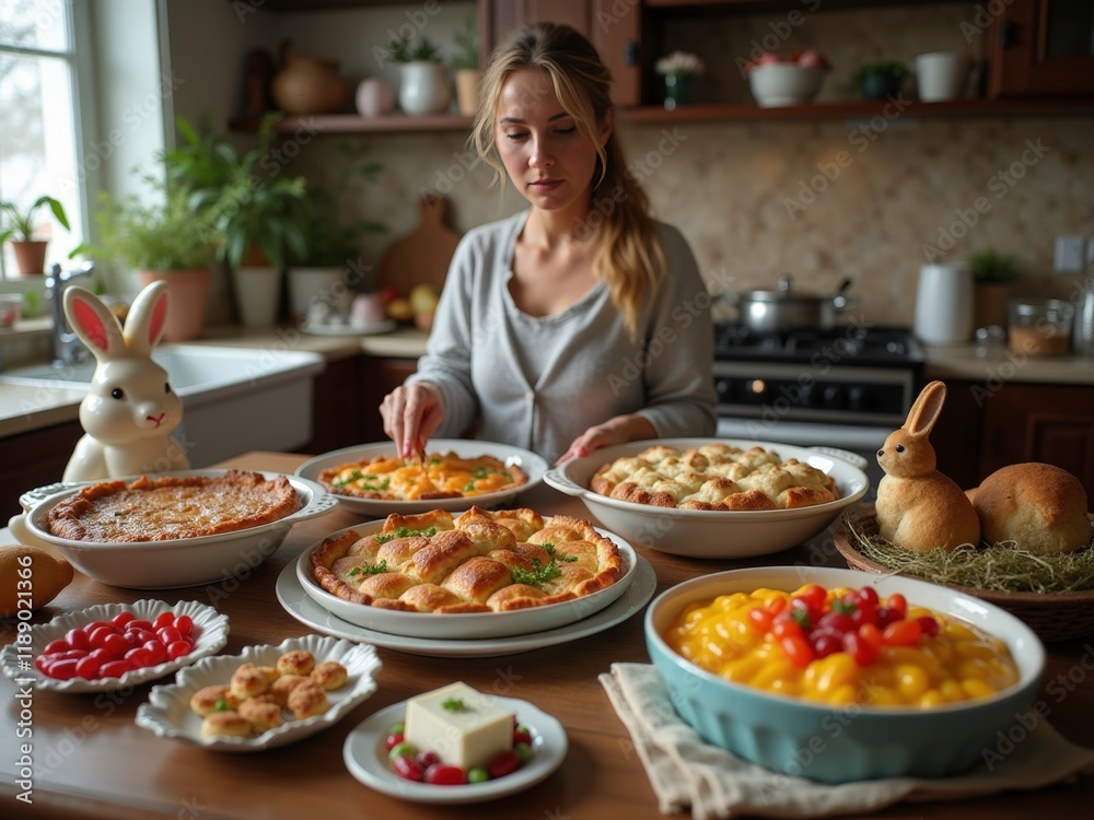 Festive Easter table with traditional dishes and decorations. Festive Easter table with traditional dishes and decorations.