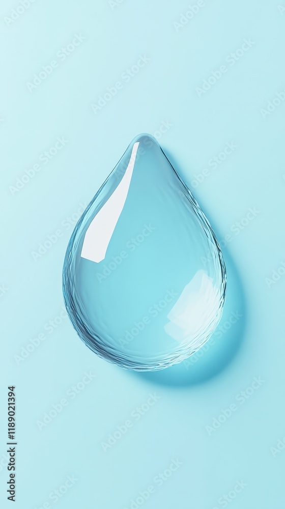 A single translucent water droplet rests on a blue background A single translucent water droplet rests on a blue background
