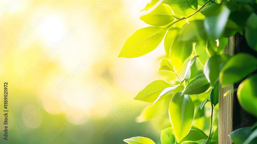 Lush green leaves illuminated by soft sunlight, creating a serene natural atmosphere. Lush green leaves illuminated by soft sunlight, creating a serene natural atmosphere.