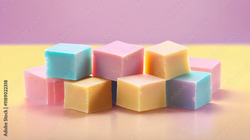 A small stack of pastel-colored fudge squares, glowing softly under bright lighting, placed on a pastel yellow background A small stack of pastel-colored fudge squares, glowing softly under bright lighting, placed on a pastel yellow background