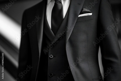 Elegant Black Three Piece Mens Suit Close Up
