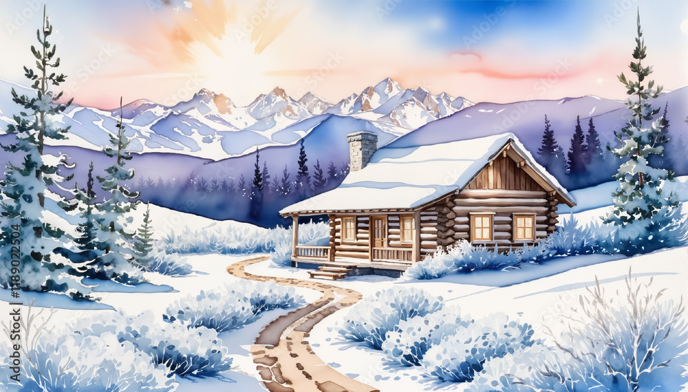 Watercolor illustration of a rustic cabin in a serene snowy mountain landscape at sunset for winter decor, holiday posters, digital artwork, and cabin-themed designs Watercolor illustration of a rustic cabin in a serene snowy mountain landscape at sunset for winter decor, holiday posters, digital artwork, and cabin-themed designs