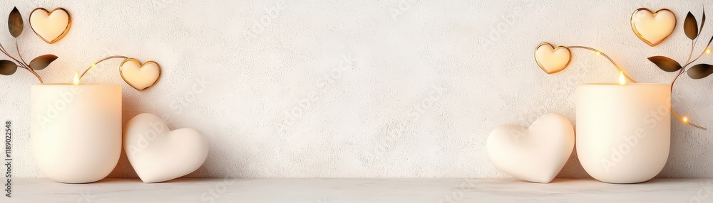 Obraz premium Romantic decor with soft candles and elegant hearts on a minimalist background for serene ambiance