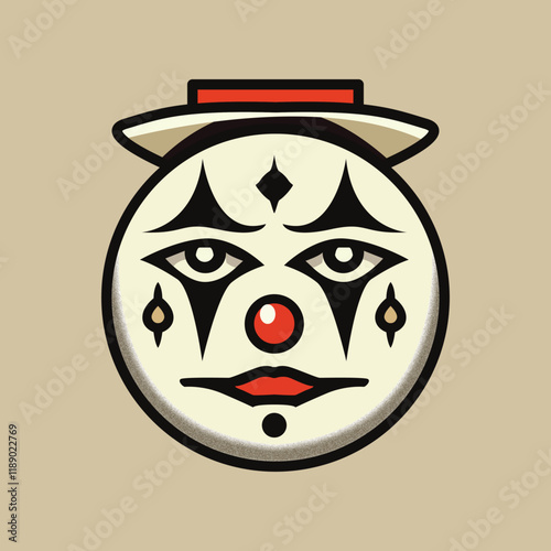Vector Illustration of a Minimalist Clown Face with Vintage Style Hat and Bold Expressions – Perfect for Circus, Art Deco, or Halloween Themes.
