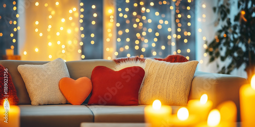 Couch with pillows in box and heart shape, romatic decoration with candle