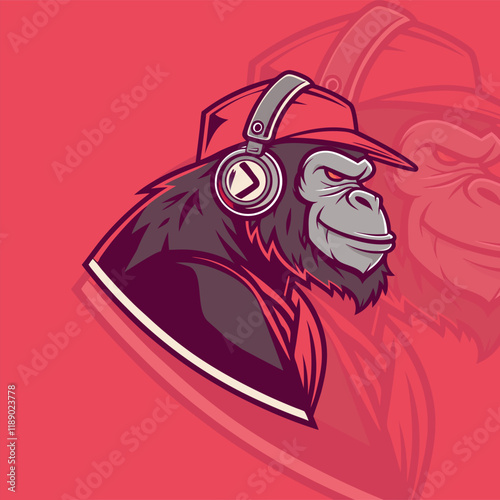 Gamer Ape with headset mascot logo for Sport and E-Sport Gaming Teams. Gorilla monkey ape streamer logo