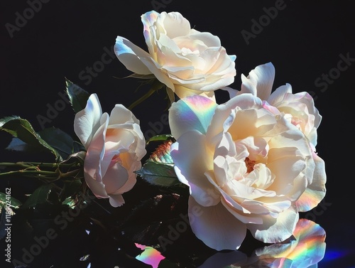 High-fidelity image of prismatic light on captivating white roses in darkness photo