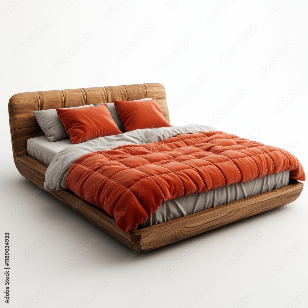Fototapeta premium Wooden bed with plaid bedding in a rustic style.