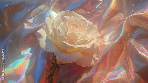 Velvet floral photography white rose with prismatic highlights and soft lighting