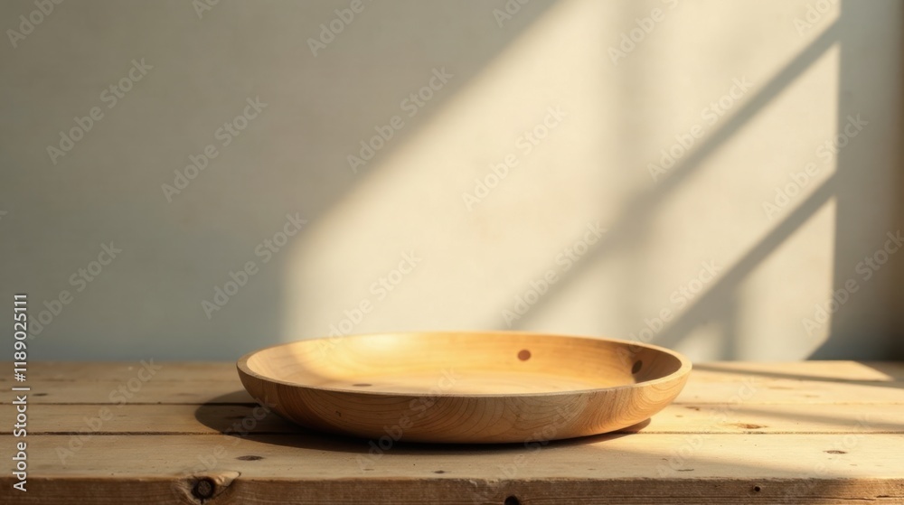 Empty Wooden Bowl on Rustic Table in Sunlight Empty Wooden Bowl on Rustic Table in Sunlight