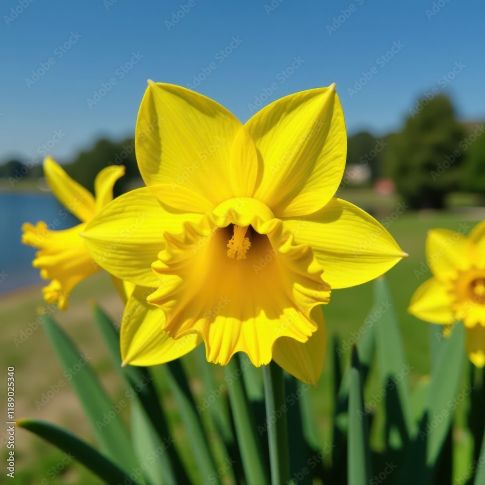 Fototapeta premium Close-up of vibrant yellow daffodil blooms, sunny day , springtime, macro