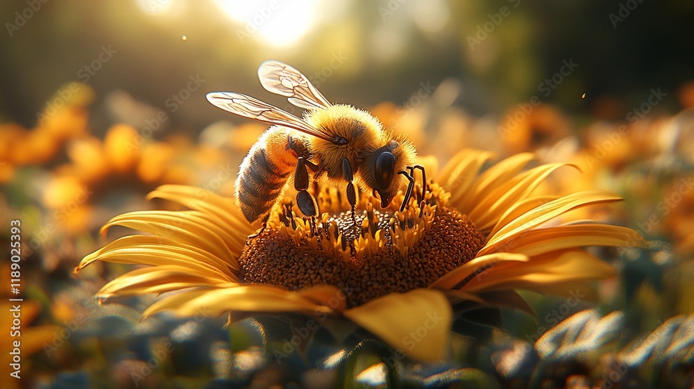 Bee pollinating sunflower, sunlit field Bee pollinating sunflower, sunlit field