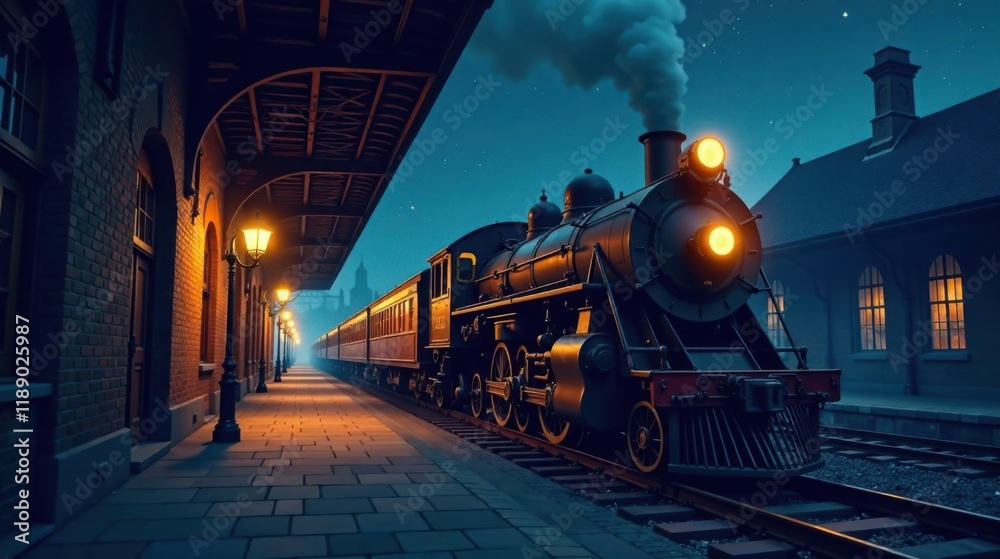 Obraz premium Nocturnal Steam Locomotive Arriving at a Historic Train Station at Night