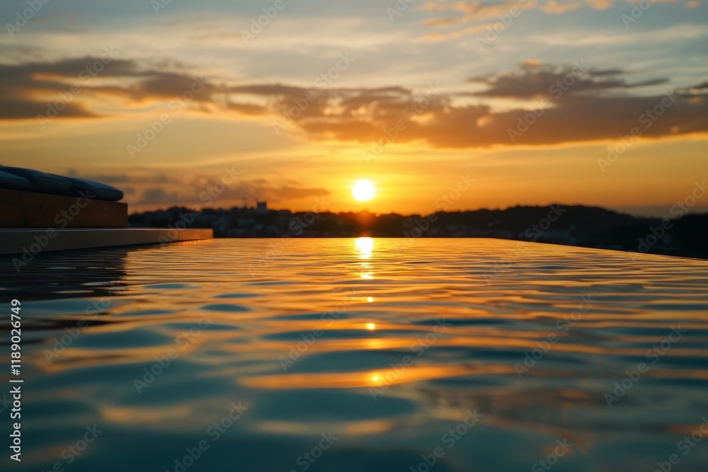 Obraz premium Sunset Reflection in Infinity Pool Overlooking Cityscape