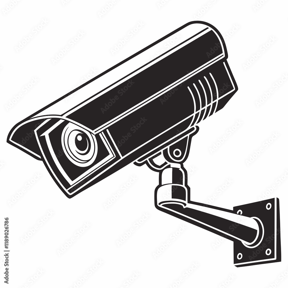 Black silhouette of a security camera isolated on white backdrop Simple vector of surveillance equipment Black silhouette of a security camera isolated on white backdrop Simple vector of surveillance equipment