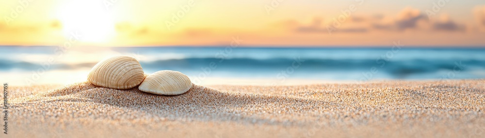 Seashells on Soft Sand with Ocean Waves Under a Golden Sunset Sky Seashells on Soft Sand with Ocean Waves Under a Golden Sunset Sky