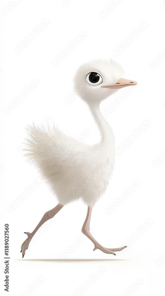 A lively baby ostrich is playfully running with its tiny wings flapping in soft tones A lively baby ostrich is playfully running with its tiny wings flapping in soft tones