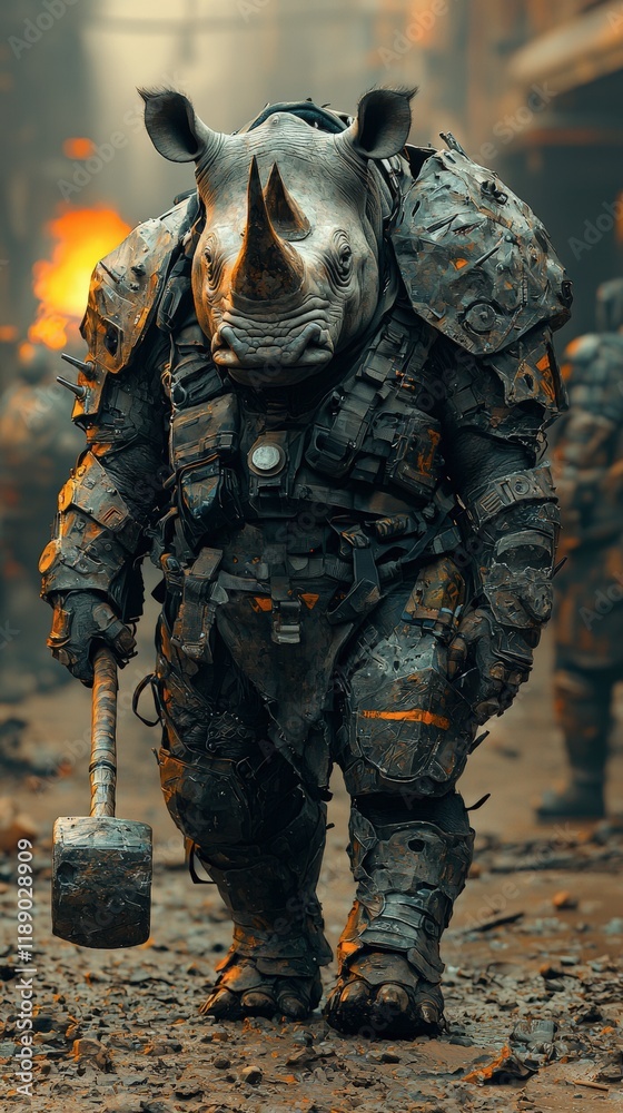 Illustration - Rhino Warrior in Futuristic Armor with Hammer Illustration - Rhino Warrior in Futuristic Armor with Hammer