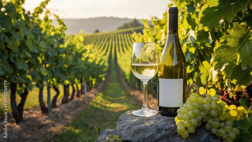 Fototapeta premium Wine bottle, wine glass, vineyard, grapevines, sunset light, golden hour, rustic scene, wine tasting, countryside, winemaking, lush greenery, warm tones, tranquil atmosphere, Italian landscape, romant