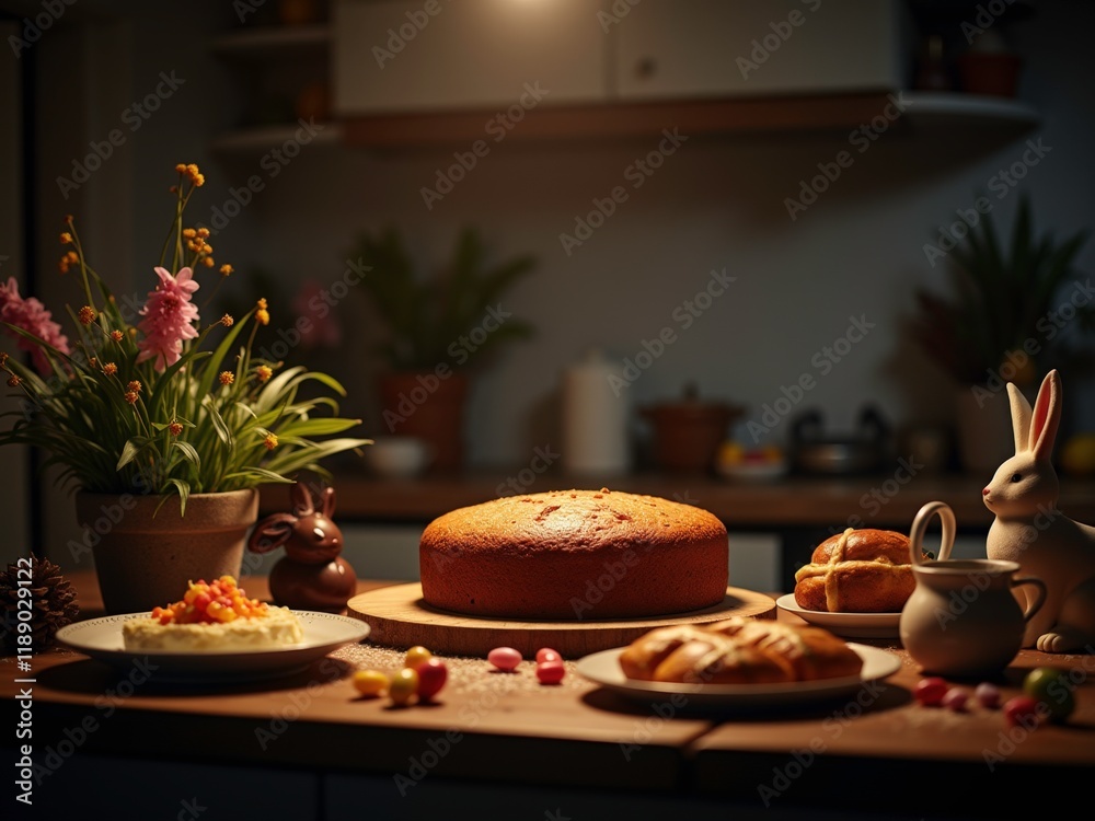 Naklejka premium This image depicts a festive Easter table with traditional dishes and decorations.