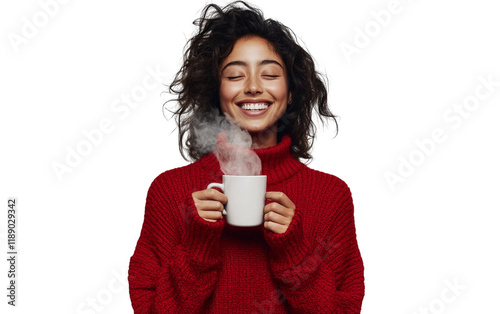 Cheerful woman in a red sweater holding a steaming cup of coffee, looking relaxed and content, set against a clean white background.

