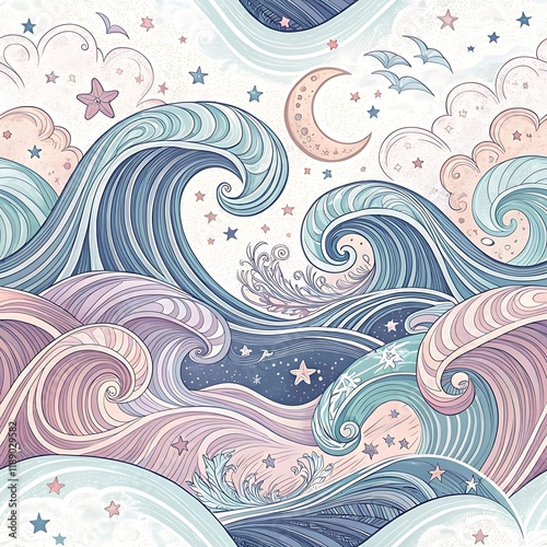 Pastel ocean waves and celestial seamless pattern, Seamless pattern featuring flowing ocean waves in pastel tones, paired with moons, stars, and birds for a dreamy celestial design. 
