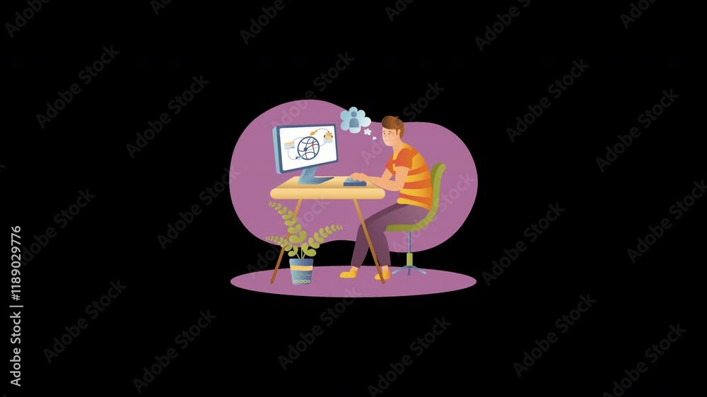 A young person working at a desk with a computer in a creative environment, contemplating ideas. A young person working at a desk with a computer in a creative environment, contemplating ideas.