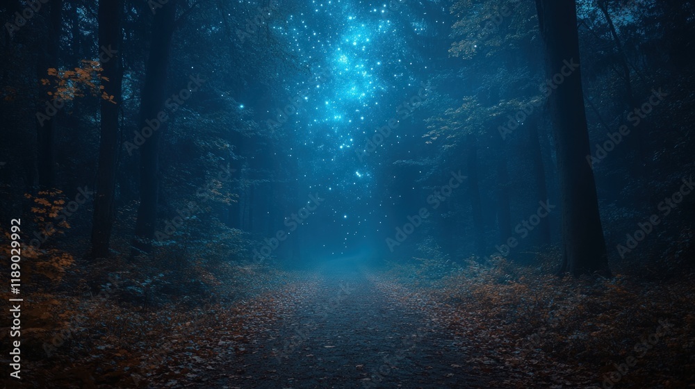 Fototapeta premium Mystical blue forest path at night, glowing particles.