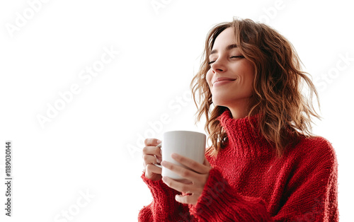 Cheerful woman in a red sweater holding a steaming cup of coffee, looking relaxed and content, set against a clean white background.

