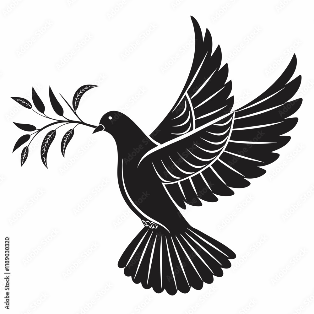 Obraz premium Dove with olive branch vector Black silhouette on a white background