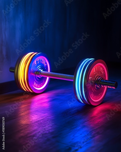 Neon barbell illuminated with multicolored lights, emphasizing strength and fitness in a bold, gyminspired scene