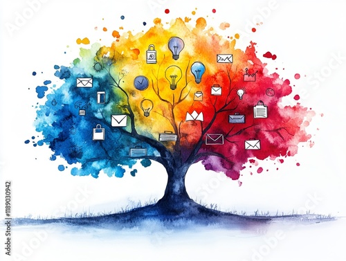 A vibrant watercolor painting of tree with colorful leaves and icons representing communication and ideas