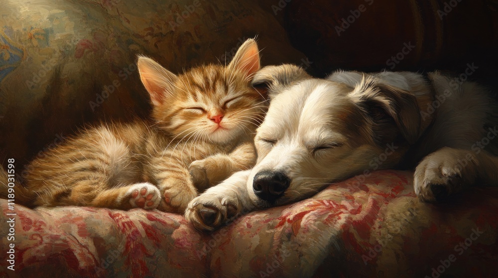 Peaceful Slumber: A Kitten and Puppy Napping Together in Sweet Harmony Peaceful Slumber: A Kitten and Puppy Napping Together in Sweet Harmony