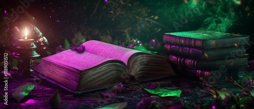 A mystical library scene featuring open book, glowing candle, and stacked tomes surrounded by magical elements