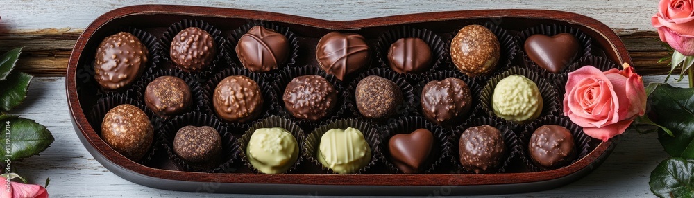Heart shaped box of assorted chocolates surrounded by pink roses on a white background valentine day Heart shaped box of assorted chocolates surrounded by pink roses on a white background valentine day