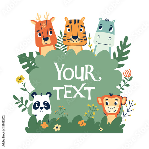 Baby animals frame poster. Cute jungle characters, zoo mammals with text place, forest inhabitants sitting in bushes, vector illustration photo