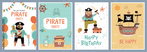 boy birthday posters. Funny pirates greeting cards, kids party invitation, little sailors banners, cartoon sea robbers еelements, vector set