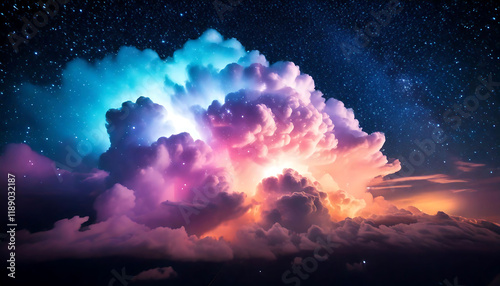 Magical, vibrant cloudscape at night, illuminated with ethereal colors.  Perfect for fantasy, dreamlike, or cosmic themes. Ideal for websites, backgrounds, and artistic projects. photo