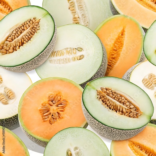 Sliced cantaloupe and honeydew melons, Close-up of sliced cantaloupe and honeydew melons showing vibrant orange and green flesh, arranged on a seamless white background. 
