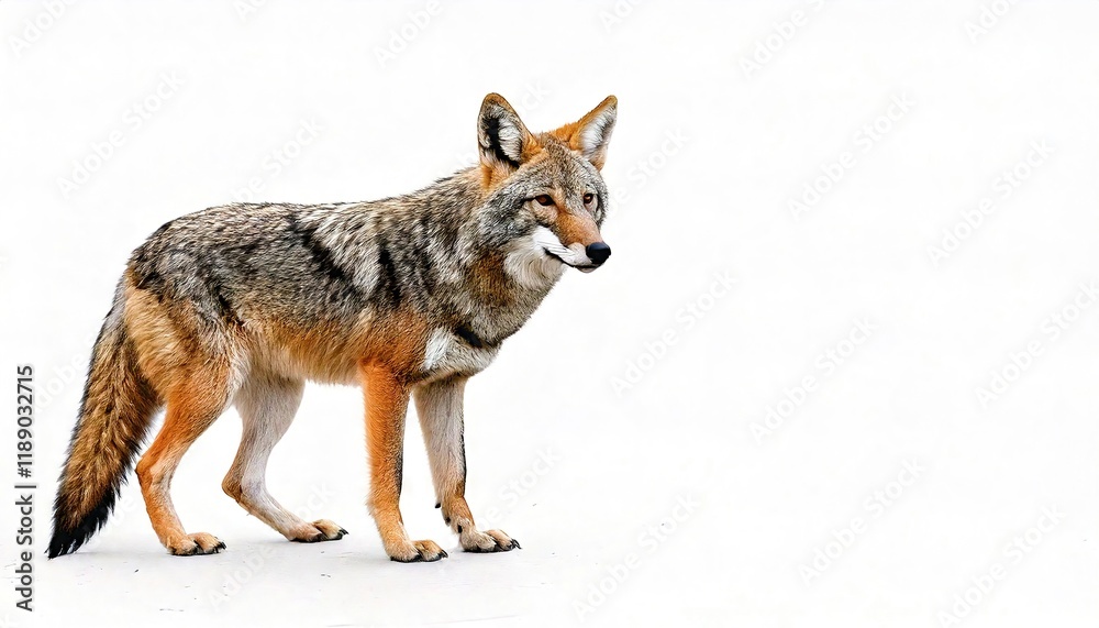 Obraz premium Wild coyote - Canis latrans - or American jackal, prairie wolf, or brush wolf, is a versatile and adaptable species of canine native to North America. Isolated on white background with copy space